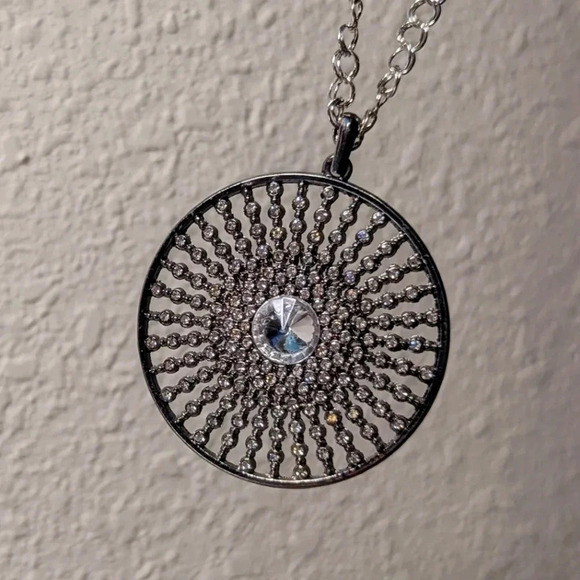 Statement Necklace- Rhinestone-Long Chain-Handmade-Silver tone-Starburst Pendant - Picture 7 of 13